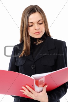 Young woman in business attire holding a planner/folder
