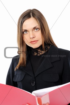 Young woman in business attire holding a planner/folder