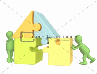 3d puppets building the house 