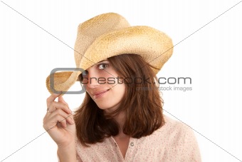 Pretty young brunette woman with cowboy hat