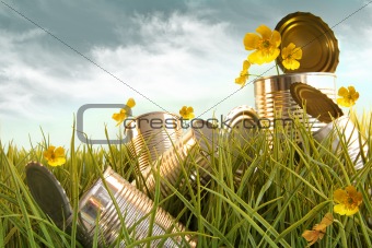 Discarded aluminum cans in tall grass
