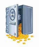 open safe with gold coins
