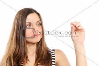 young woman, holds your product on a white background