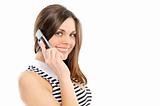  beautiful business woman speaks by phone, on a white background