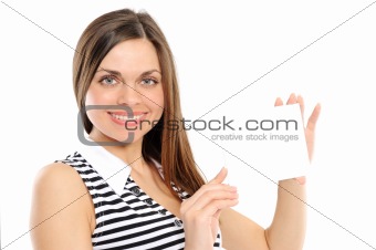 Beautiful girl holding empty white board on a white background
