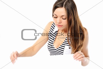 Beautiful girl holding empty white board on a white background