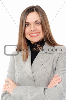   Positive young woman smiling over white background