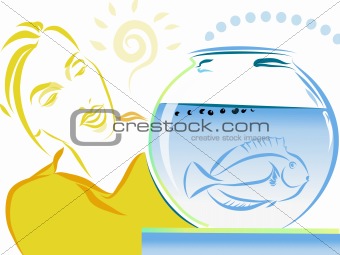A woman looking at a fish in a fishbowl