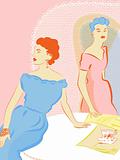 A retro inspired illustration of two women in dresses