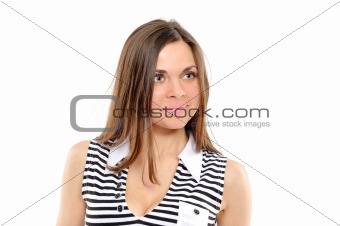  Positive young woman smiling over white background