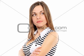  Positive young woman smiling over white background