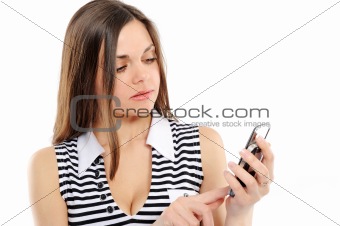   attractive young woman looking at a phone 