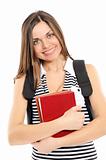   beautiful girl with a backpack, holds the book, 