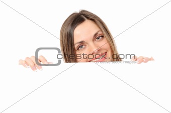  Cute image of woman holding a white blank board / placard. 