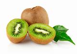 fresh kiwi with cut and green leaves