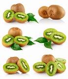 set fresh kiwi fruits with green leaves