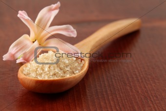 Cane sugar in a wooden spoon