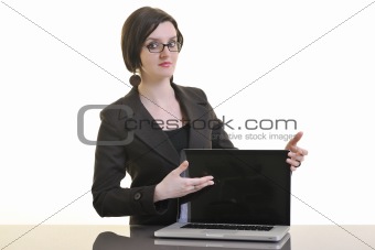 business woman working on laptop isolated on white