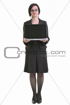 business woman working on laptop isolated on white