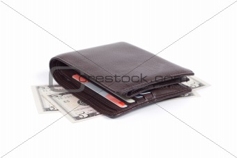 Purse with money isolated on a white background shadow below.