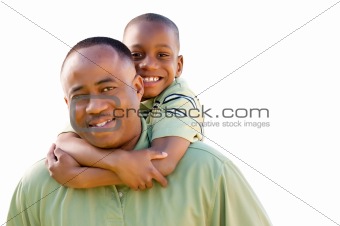 Happy African American Man and Child Isolated on a White Background.
