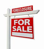 Foreclosure Home For Sale Real Estate Sign Isolated on a White Background with Clipping Paths - Right Facing.