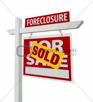 Sold Foreclosure Home For Sale Real Estate Sign Isolated on a White Background with Clipping Paths - Right Facing.