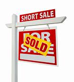 Sold Short Sale Home For Sale Real Estate Sign Isolated on a White Background with Clipping Paths - Right Facing.
