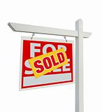 Sold For Sale Real Estate Sign Isolated on a White Background with Clipping Paths - Facing Left.