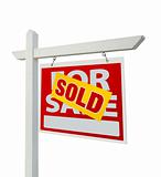 Sold For Sale Real Estate Sign Isolated on a White Background with Clipping Paths - Facing Right.
