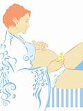 Pregnant woman use olive oil massaging her abdomen
