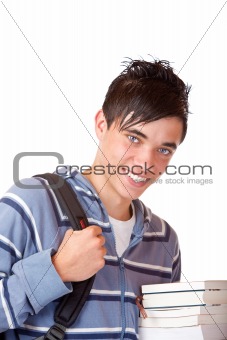 Portrait of young and handsome student holding books