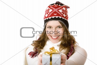 Young happy woman with Santa Claus costume is holding Christmas 