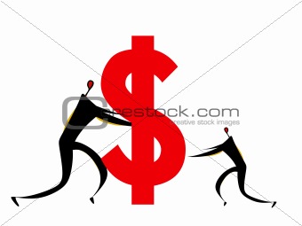 two humans pushing dollar sign