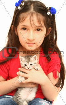 The nice girl with a kitten on a white background