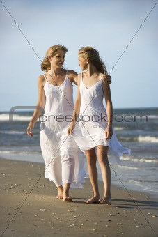 Mother and daughter walking down beach.