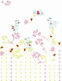 Delicate and feminine birds flying with heart shaped flower branches.
