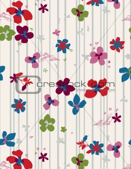 Floral print on stripes (seamless pattern).