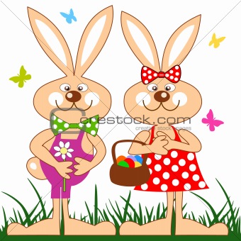 Funny rabbits with basket of easter eggs