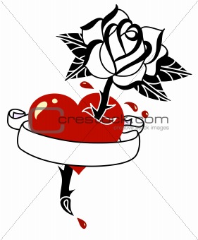 Tattoo style heart, rose and banner