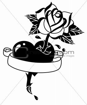 Tattoo style heart, rose and banner B&W