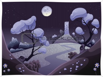 Landscape with tower in the night.