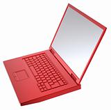 Red laptop isolated on white.