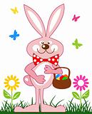 Pink rabbit with basket of easter eggs