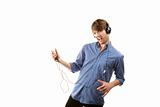 Tall handsome hipster man on white background with Headphones