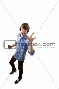 Tall handsome hipster man on white background with Headphones