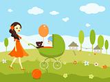 Young mom taking a walk with a baby in a pram in countryside