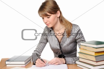 businesswoman with  books on  table