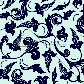 black seamless flower pattern in blue background