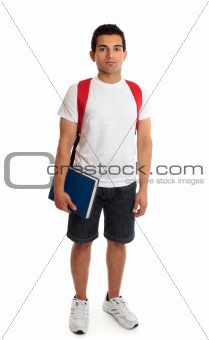 Full length student guy standing on white